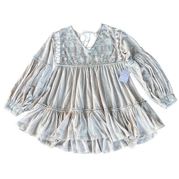 Free People Much Love Tunic Salt Boho Embroidered Blouson Sleeves Open Back NWT - Picture 5 of 13